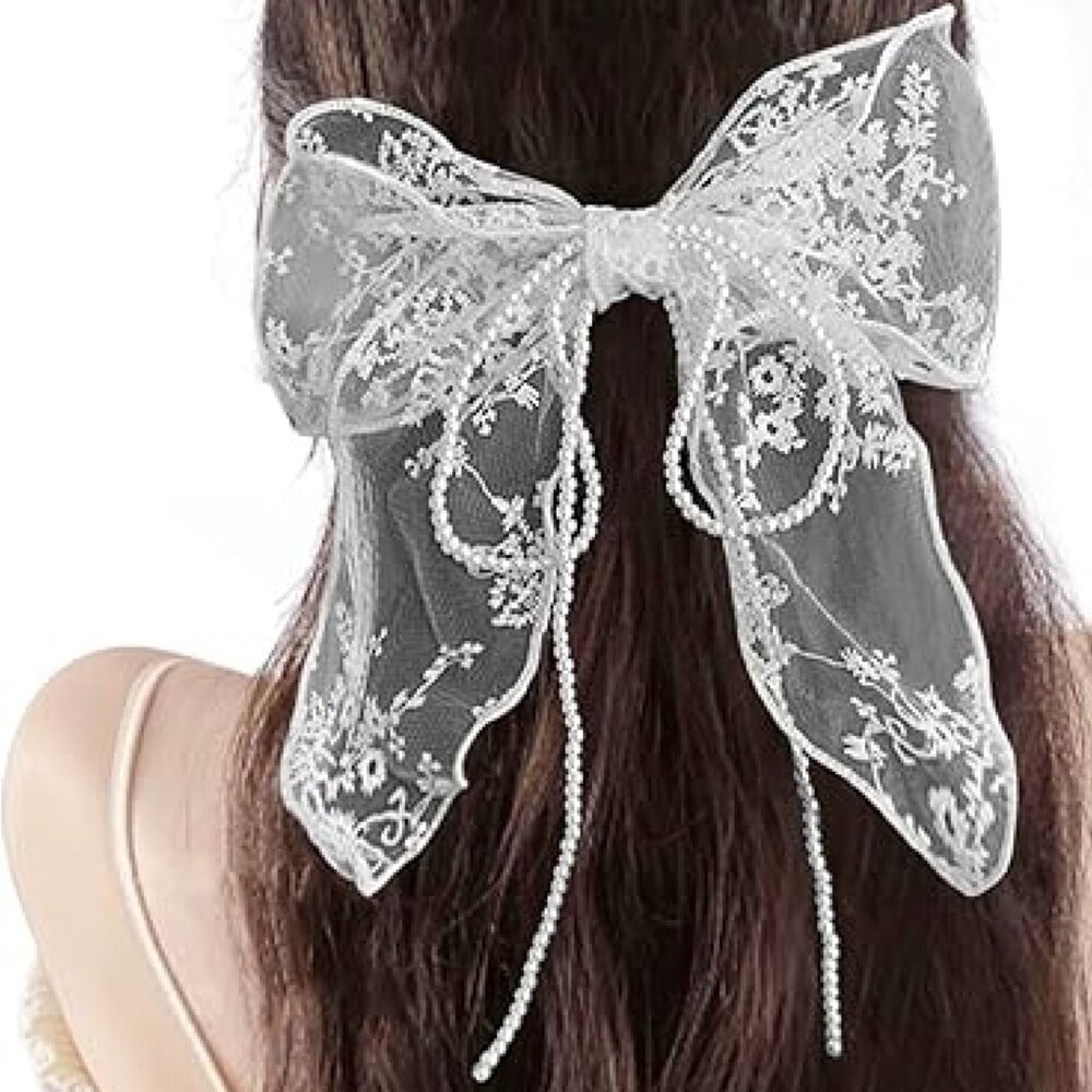 Women's White Lace Embroidery Pearl Unique Luxury Elegant Hair Bow Accessory - Picture 3 of 3